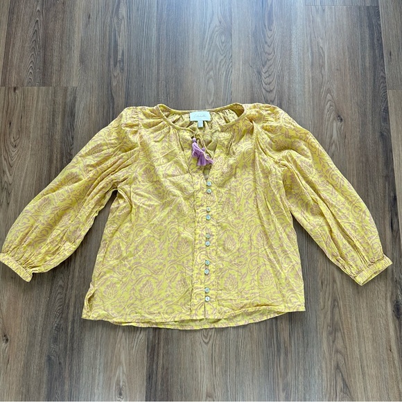 Cleobella Scarlett Tassel Tie Blouse Peasant Women Large Yellow Pink Long Sleeve - Picture 3 of 12